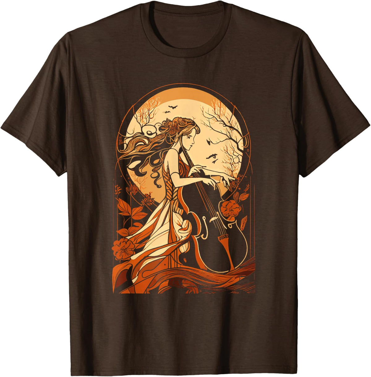 Art Nouveau Cello Girl Beautiful Cello Player Art T-Shirt - Brown