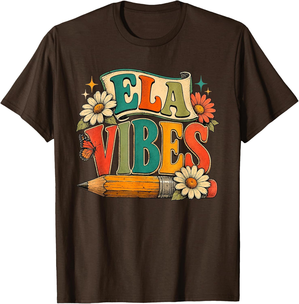 Retro Groovy English Teacher ELA Vibes T-Shirt - Brown