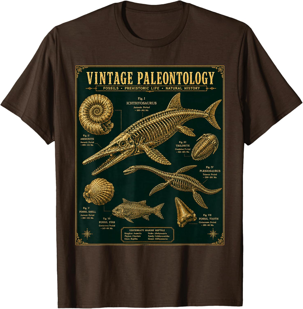 Vintage Paleontology Fossil Prehistoric Life Natural History T-Shirt - Brown