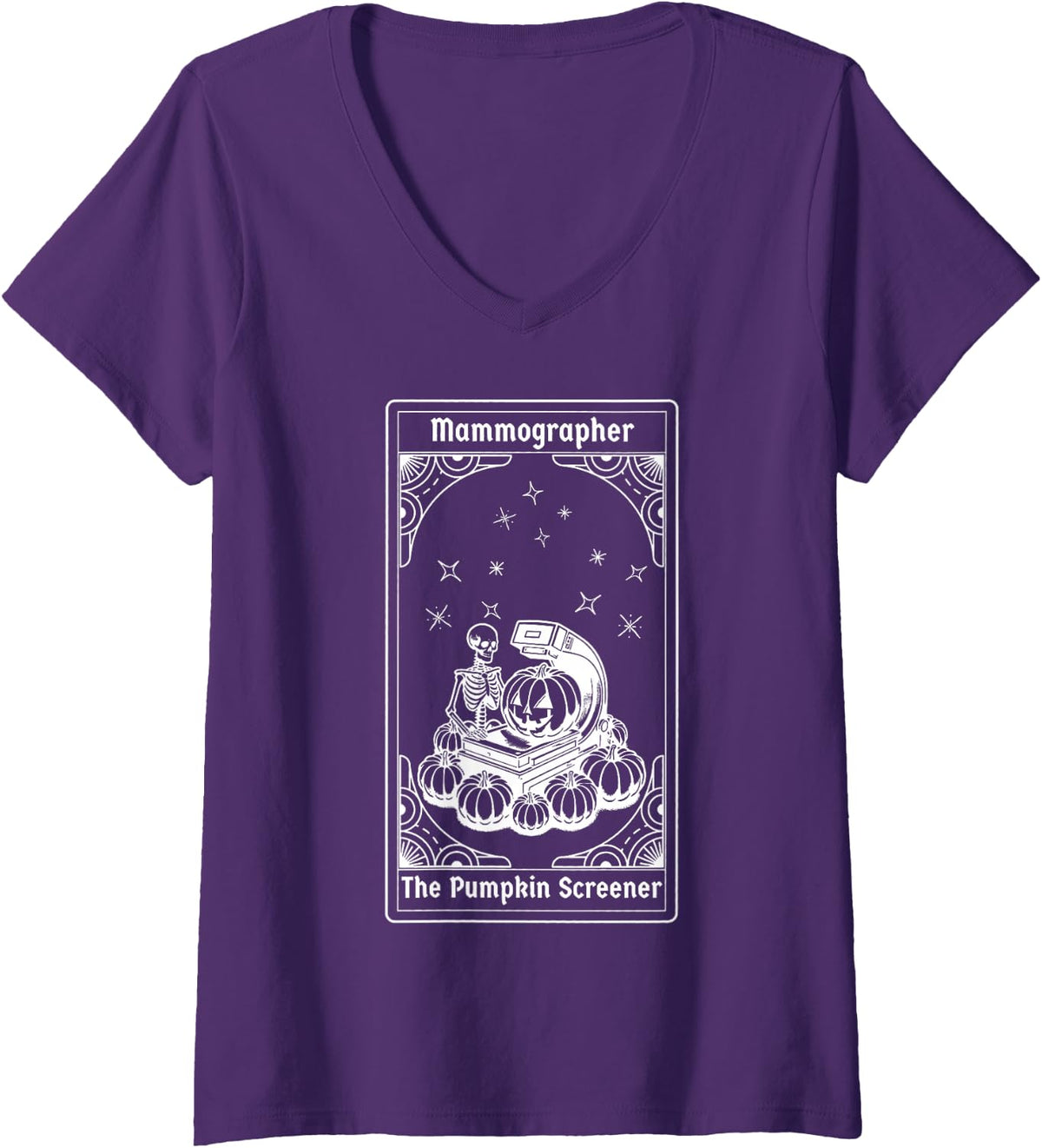 Women's Mammographer Skeleton Tarot Card Radiography Tech Halloween V-Neck T-Shirt - Purple