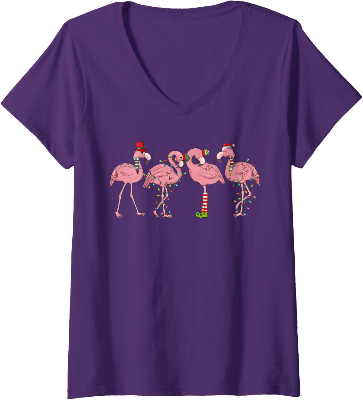 Women's Christmas Flamingo Print Flamingo Lover Christmas Light Xmas V-Neck T-Shirt - Purple