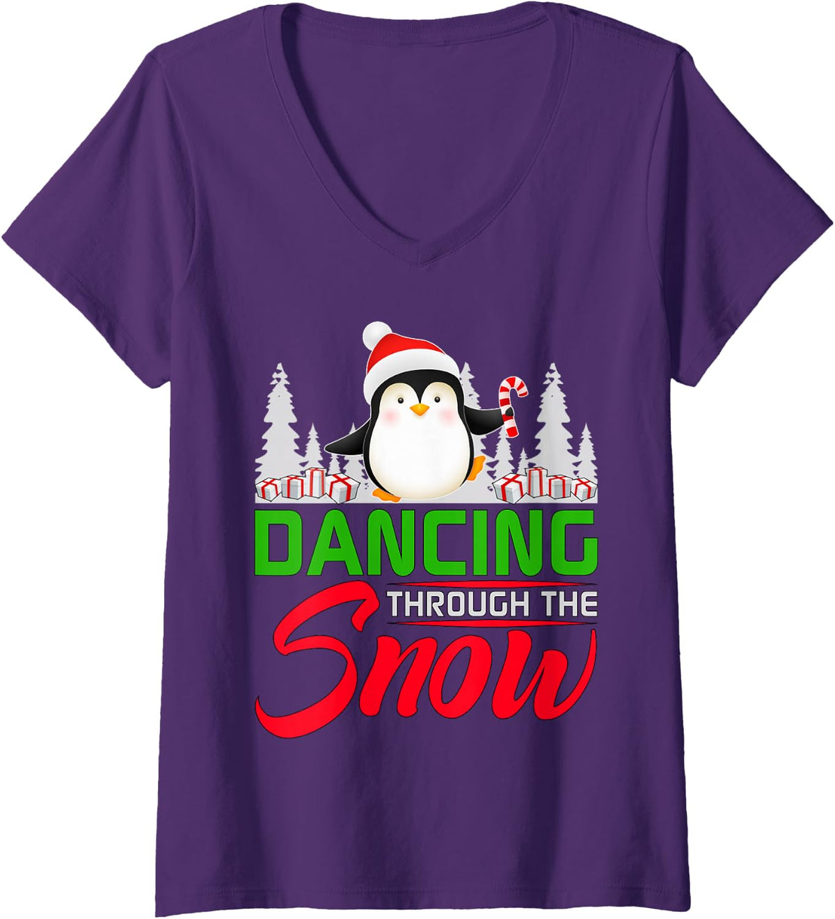 Women's Cute Penguin Dancing Through the Snow Fun Christmas V-Neck T-Shirt - Purple