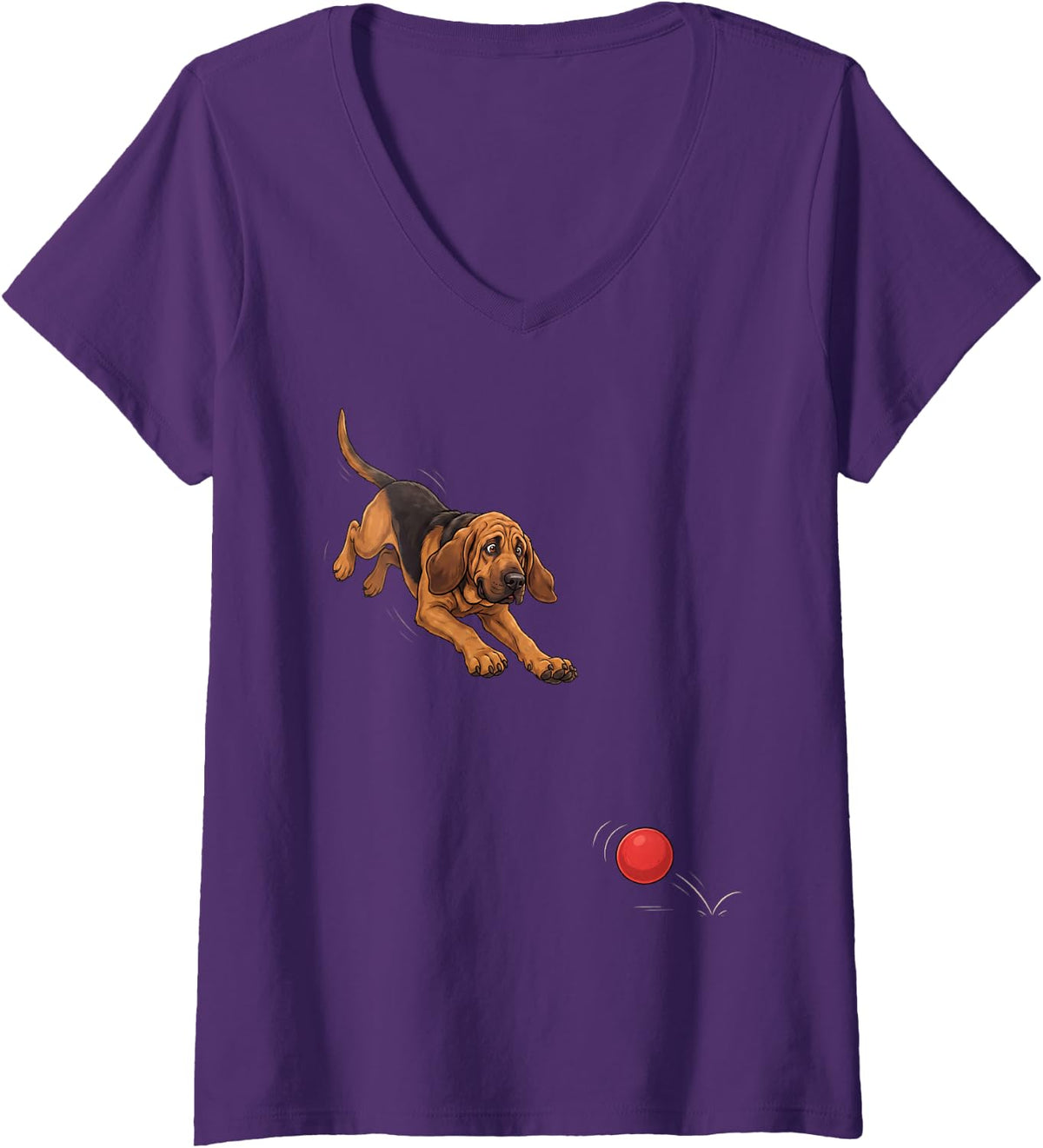 Women's Funny Bloodhound Chasing Ball Dog Humor V-Neck T-Shirt - Purple