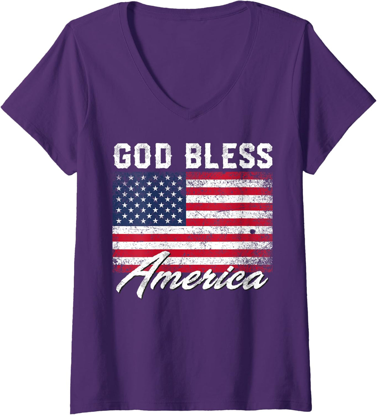 Womens God Bless America USA Flag 4th of July Patriotic V-Neck T-Shirt - Purple
