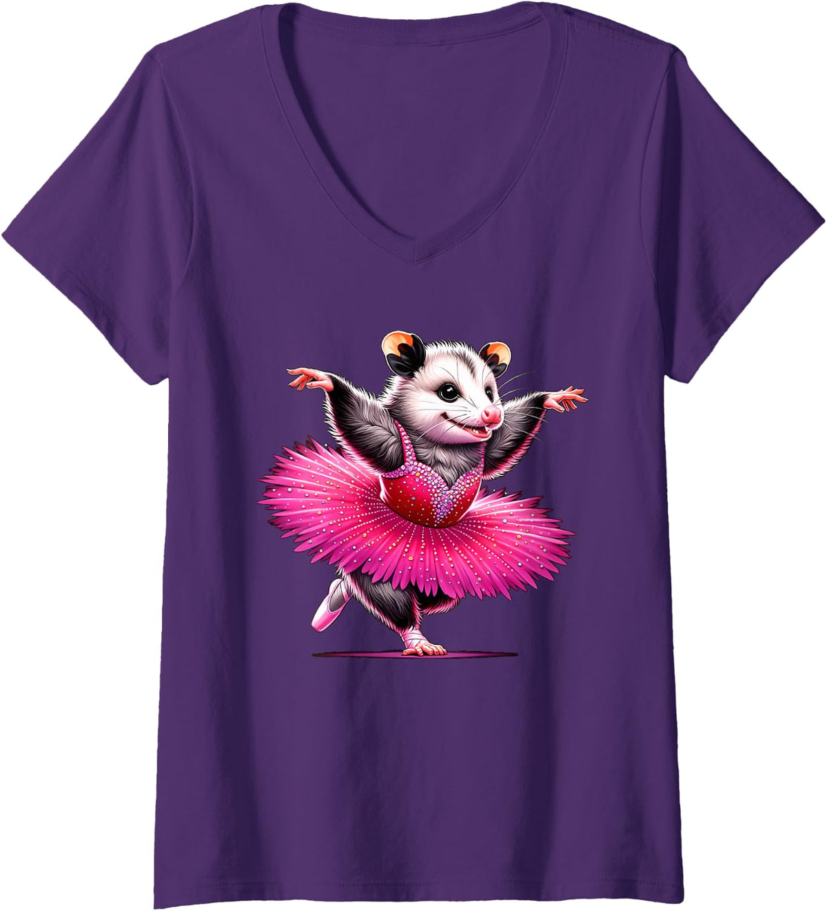Women's Ballerina Opossum Dancing V-Neck T-Shirt - Purple
