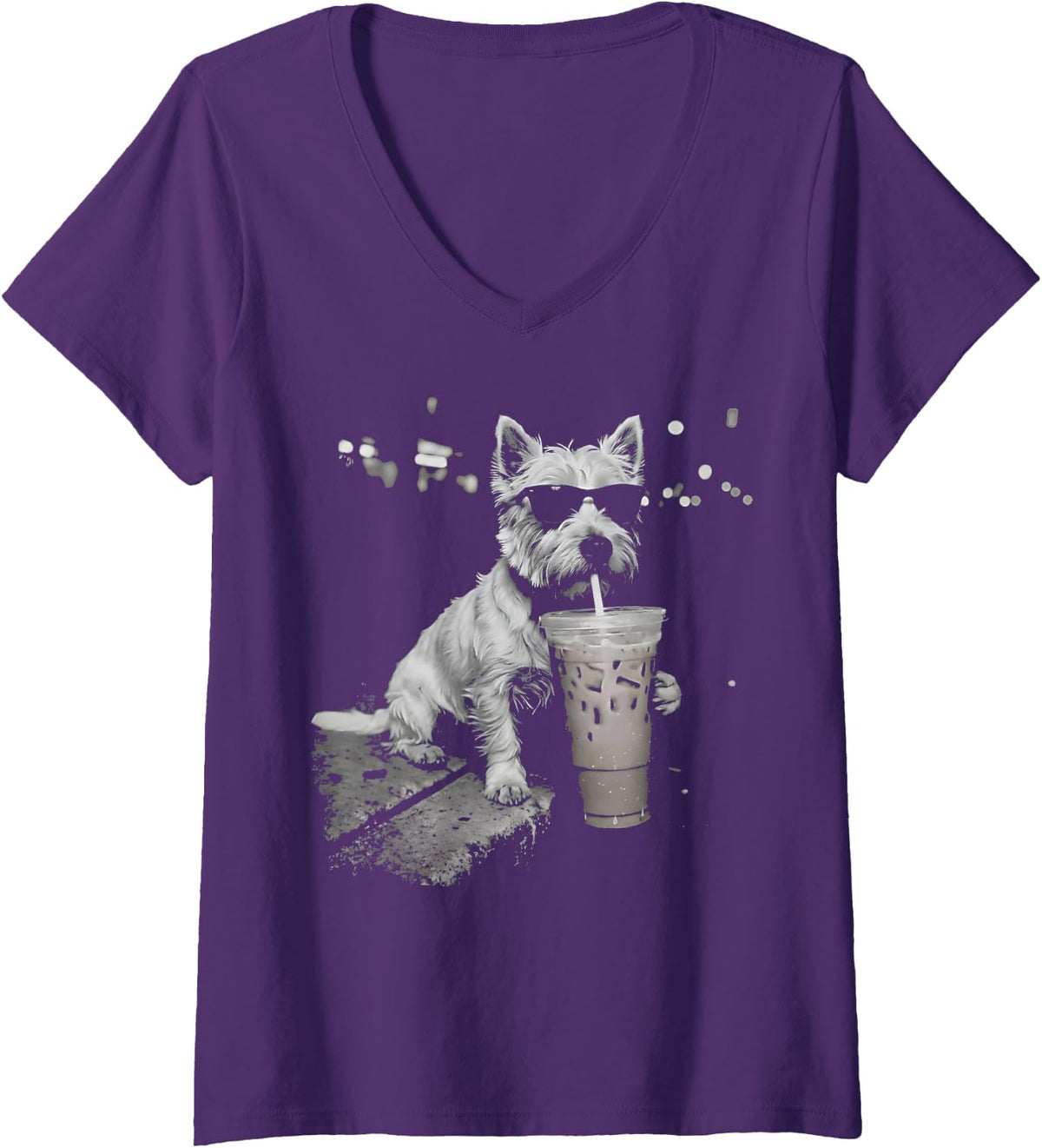 Women's Funny Dog Westie Drinking Iced Coffee Sunglasses Graphic V-Neck T-Shirt - Purple