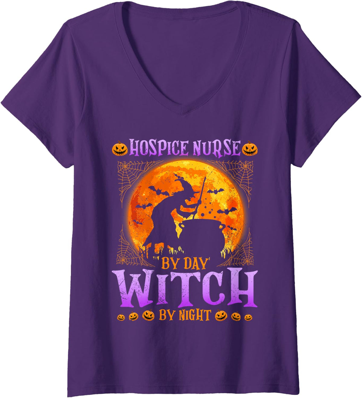 Women's Hospice Nurse By Day Witch By Night Halloween Costume V-Neck T-Shirt - Purple