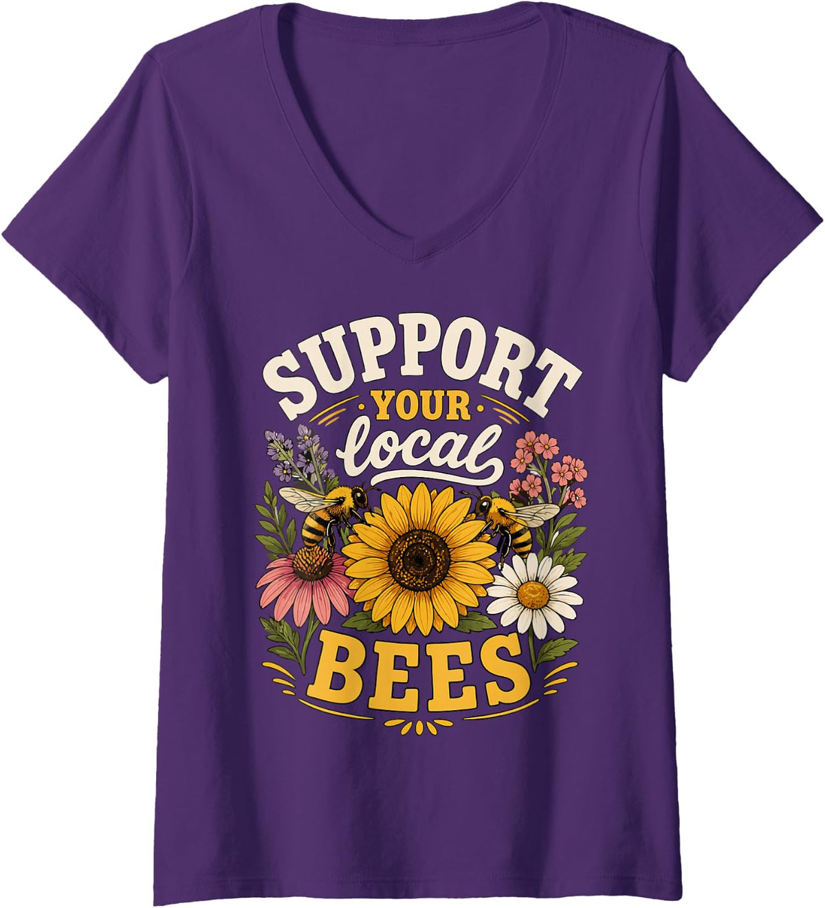 Women's Support Local Bees Beekeeper Beekeeping Save Bees V-Neck T-Shirt - Purple