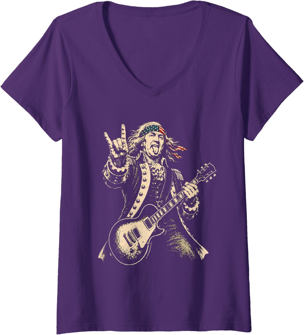 Women's Benjamin Franklin Funny American President Rock Guitarist V-Neck T-Shirt - Purple