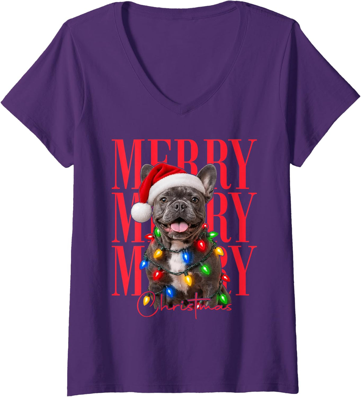 Women's Merry Christmas French Bulldog Santa Xmas Tree Light Dog V-Neck T-Shirt - Purple