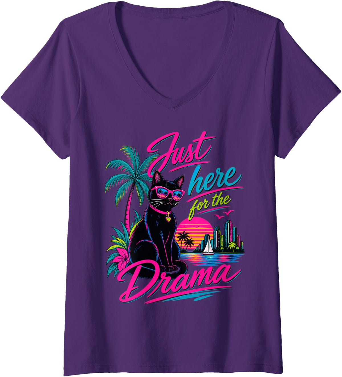 Women's Just Here for the Drama Black Cat Tropical Retro V-Neck T-Shirt - Purple