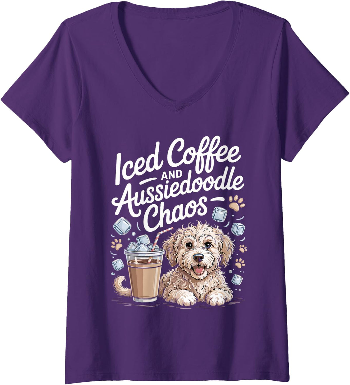 Women's Iced Coffee and Aussiedoodle Chaos Doodle Dog V-Neck T-Shirt - Purple