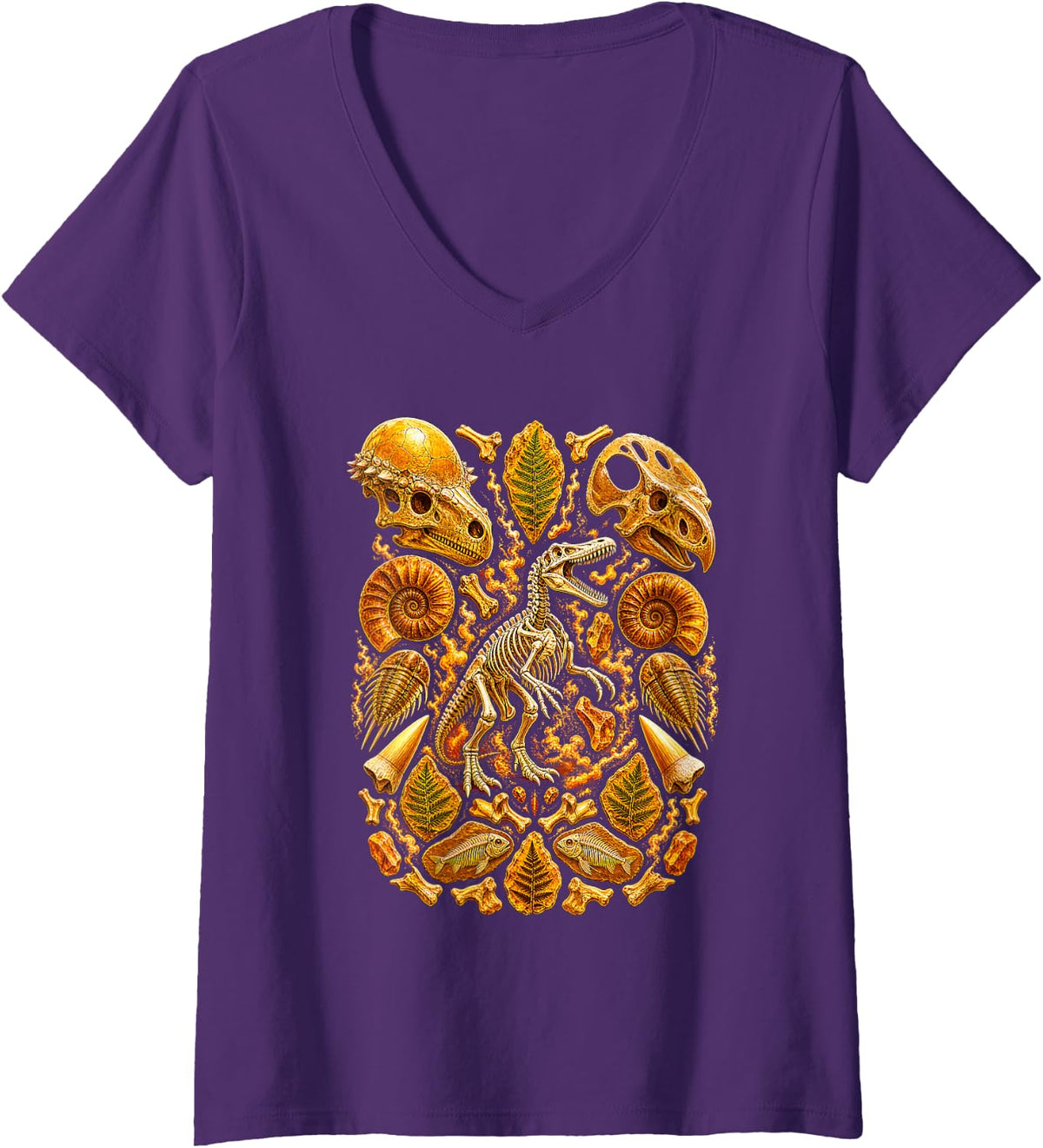 Women's Dinosaur Fossils Paleontologist Geology V-Neck T-Shirt - Purple