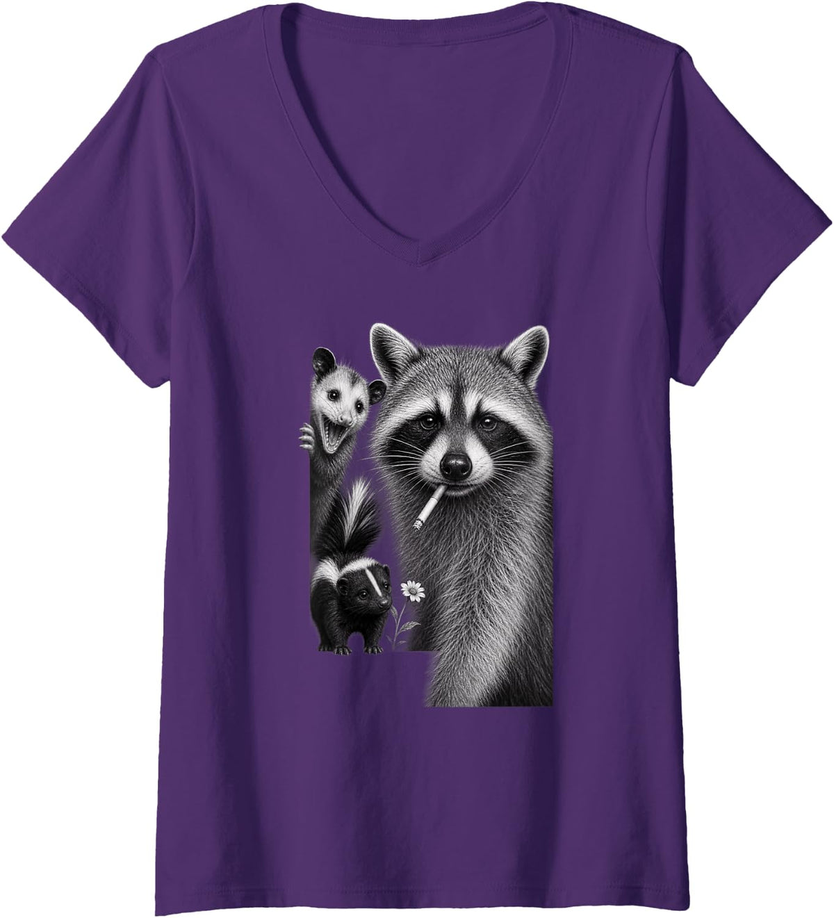 Women's Raccoon Opossum Skunk Woodland Animal Trio V-Neck T-Shirt - Purple