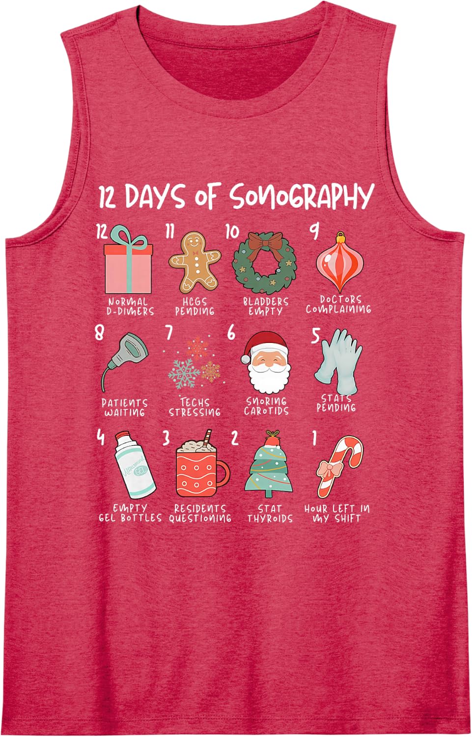 12 Days of Sonography Christmas Ultrasound Tech Sonographer Sleeveless Tank Top - Red