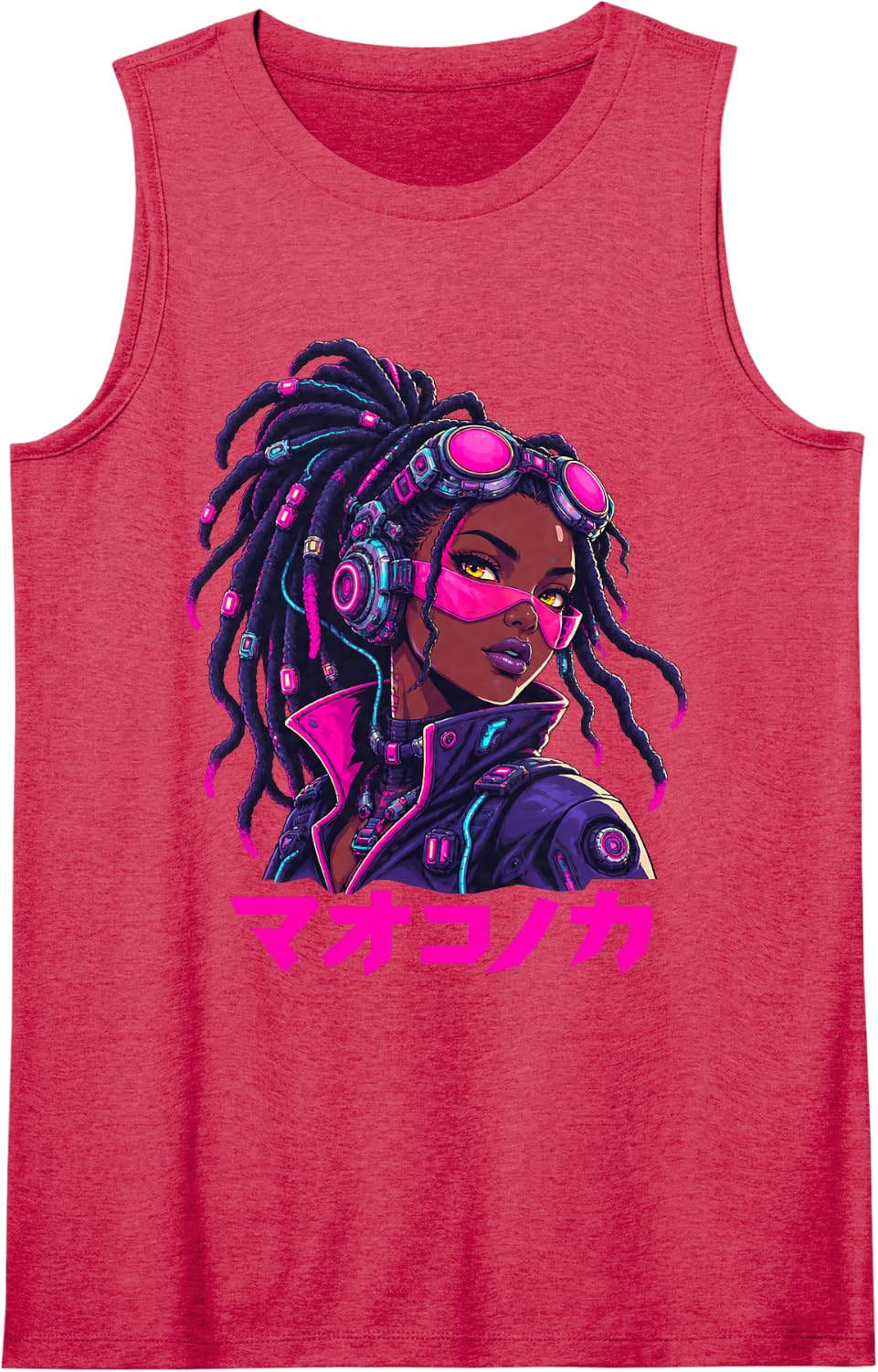 Cyberpunk Anime Black Girl Futuristic Sci-Fi Portrait Sleeveless Tank Top - Red