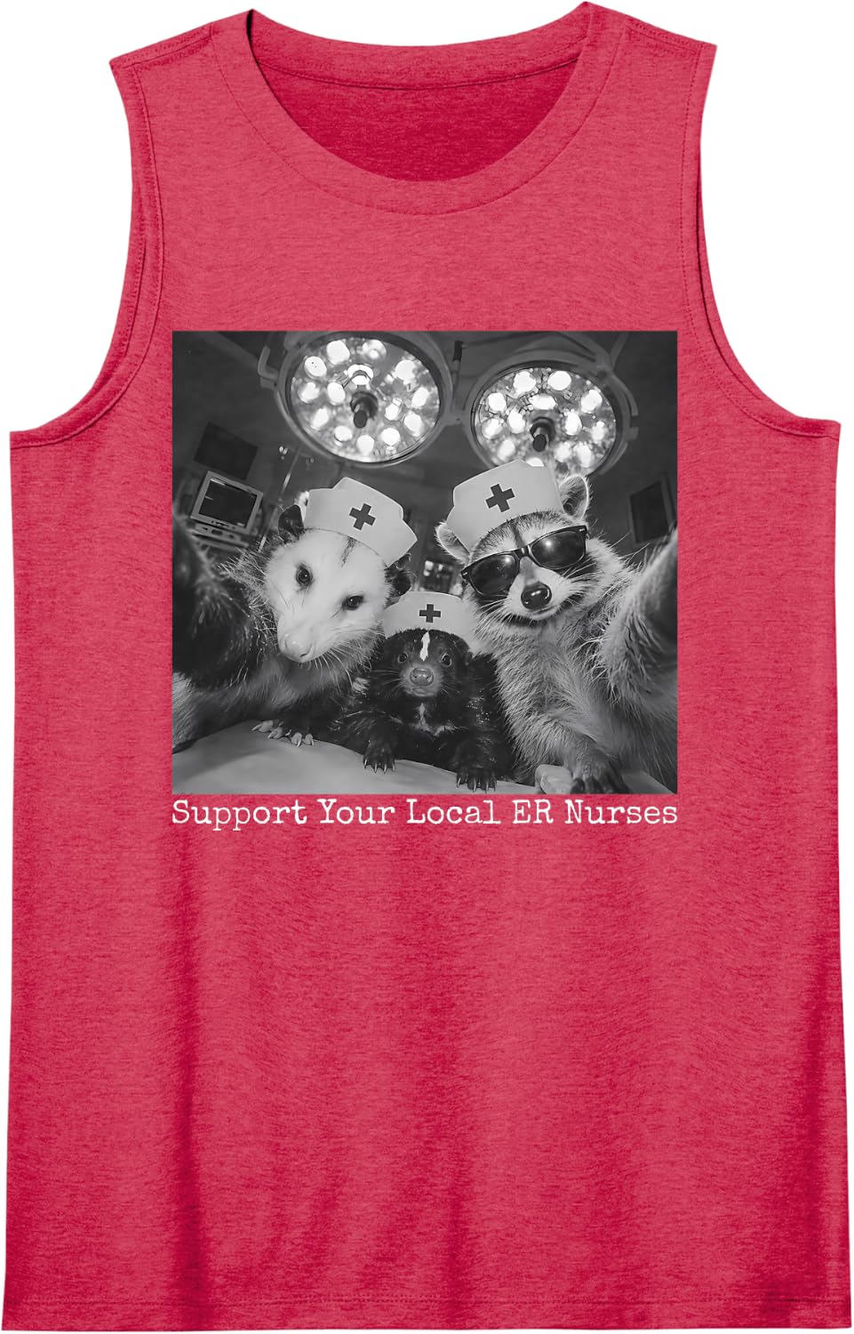 Support Your Local ER Nurses Raccoon Opossum Selfie Nursing Sleeveless Tank Top - Red