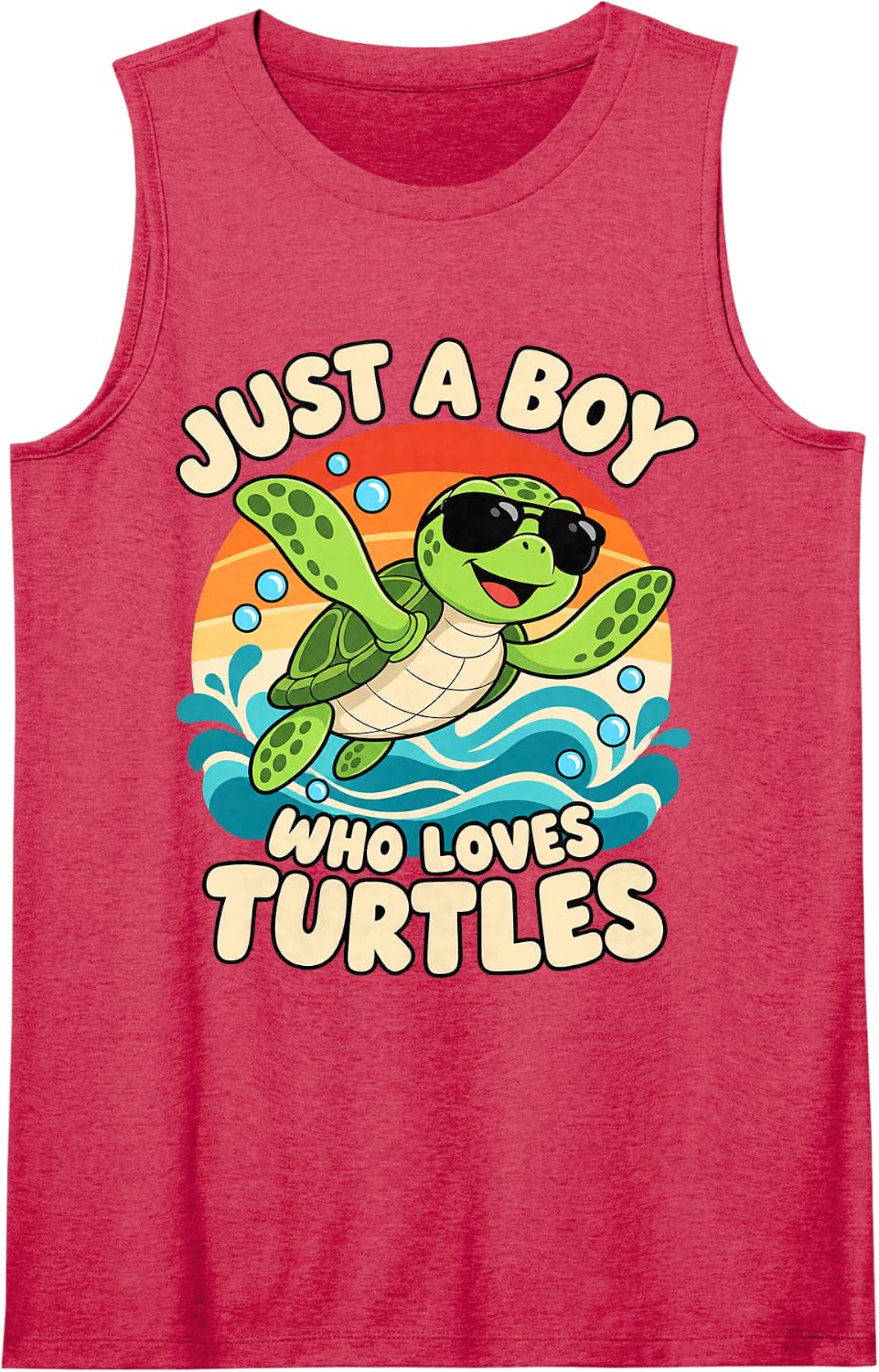Retro Sea Turtle with Sunglasses Sunset Beach Sleeveless Tank Top - Red