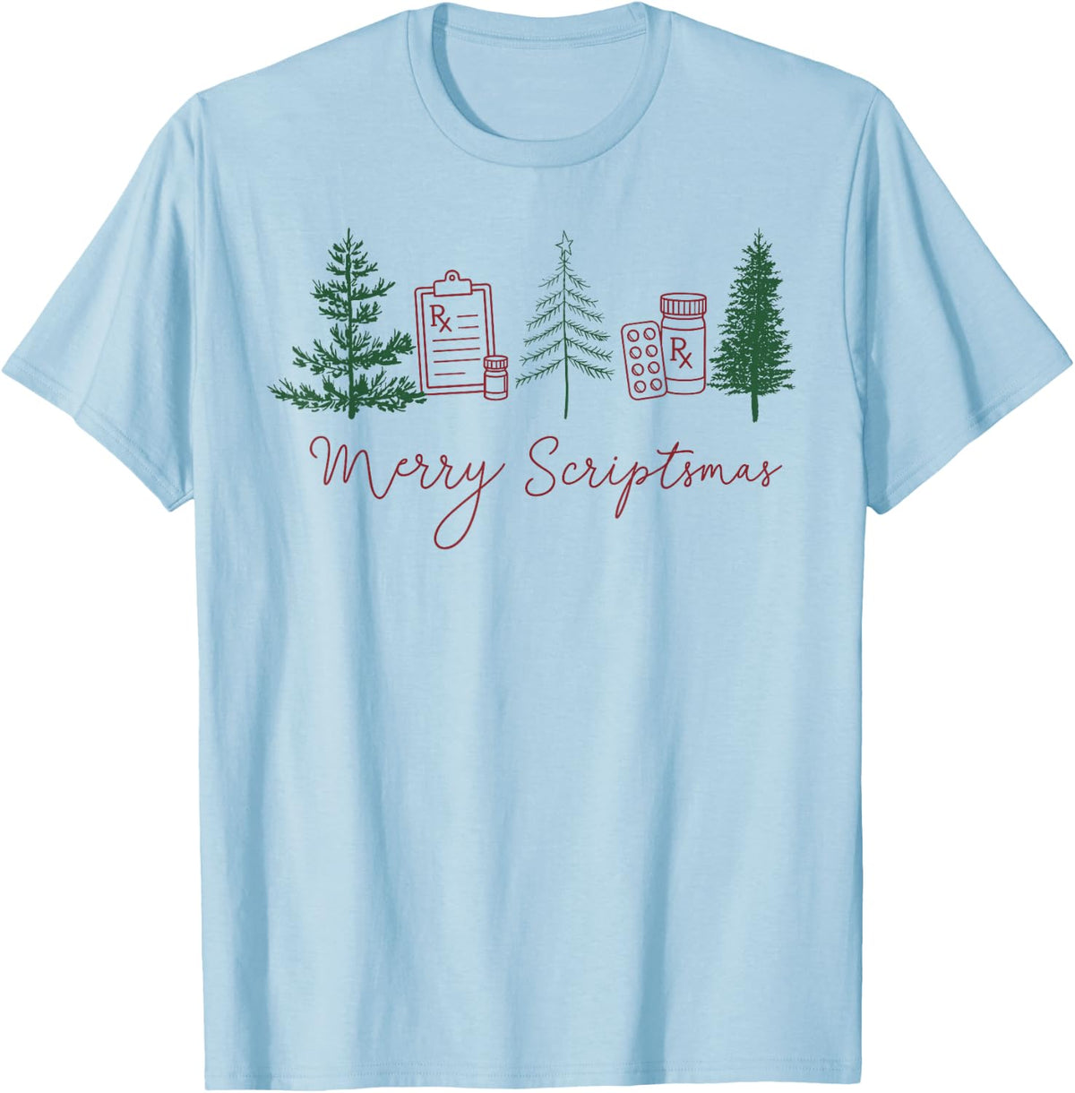 Merry Scriptsmas Pharmacy Tech Christmas Tree RX Pharmacist T-Shirt - Baby Blue