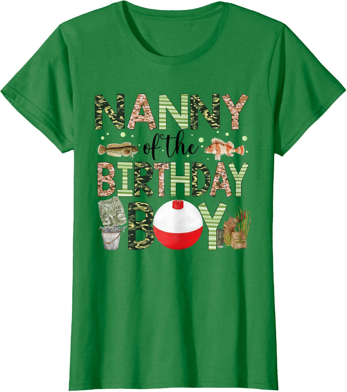 Nanny of The Birthday Boy Bass Fishing Family Matching T-Shirt - Kelly Green