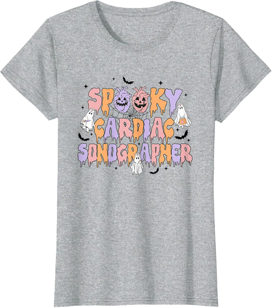 Retro Spooky Cardiac Sonographer Halloween Ultrasound Tech T-Shirt - Heather Grey