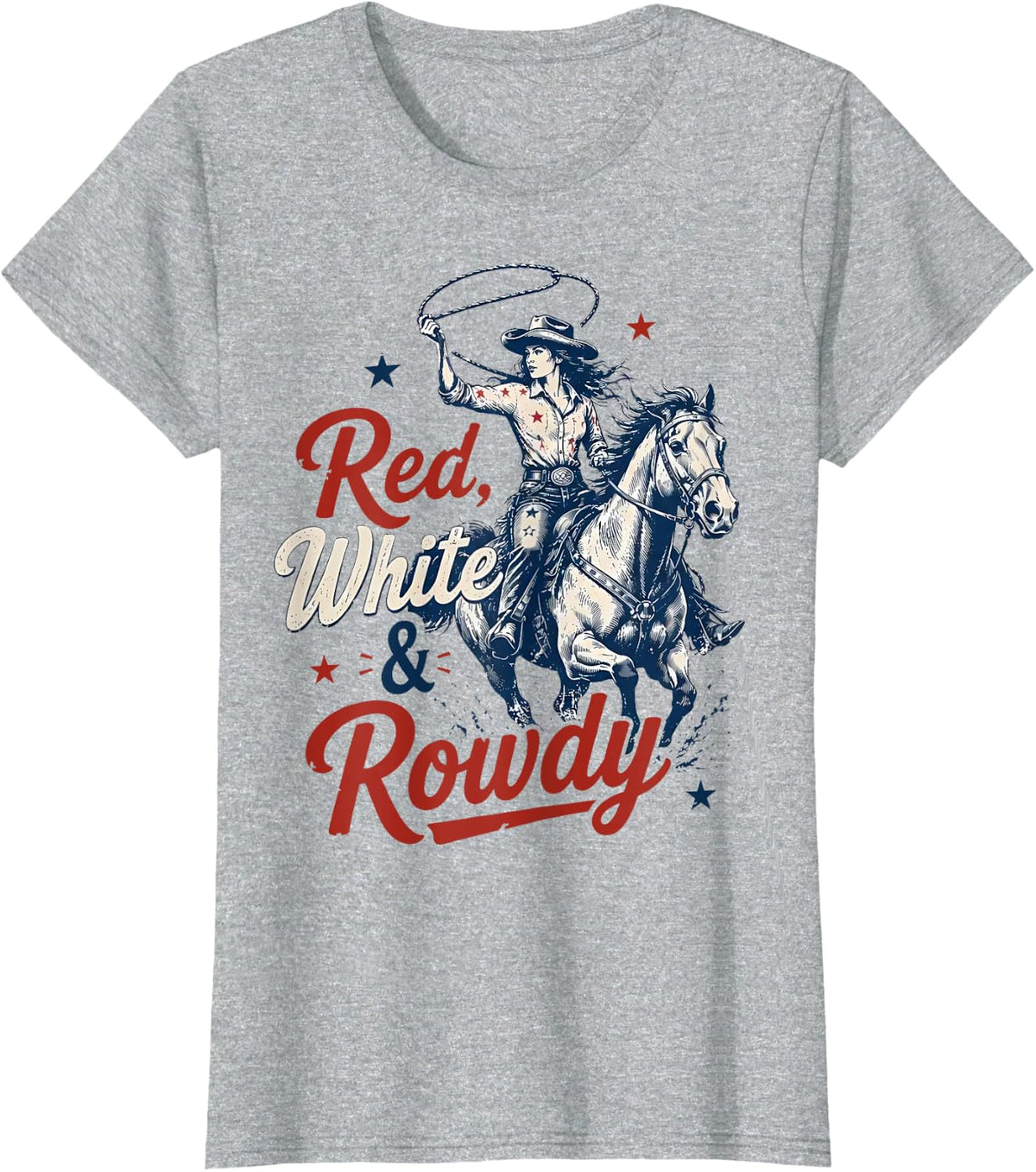 Retro Red White and Rowdy 4th of July Rodeo Cowgirl T-Shirt - Heather Grey