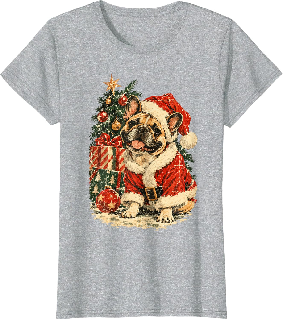 Vintage French Bulldog Santa Hat Christmas Tree T-Shirt - Heather Grey