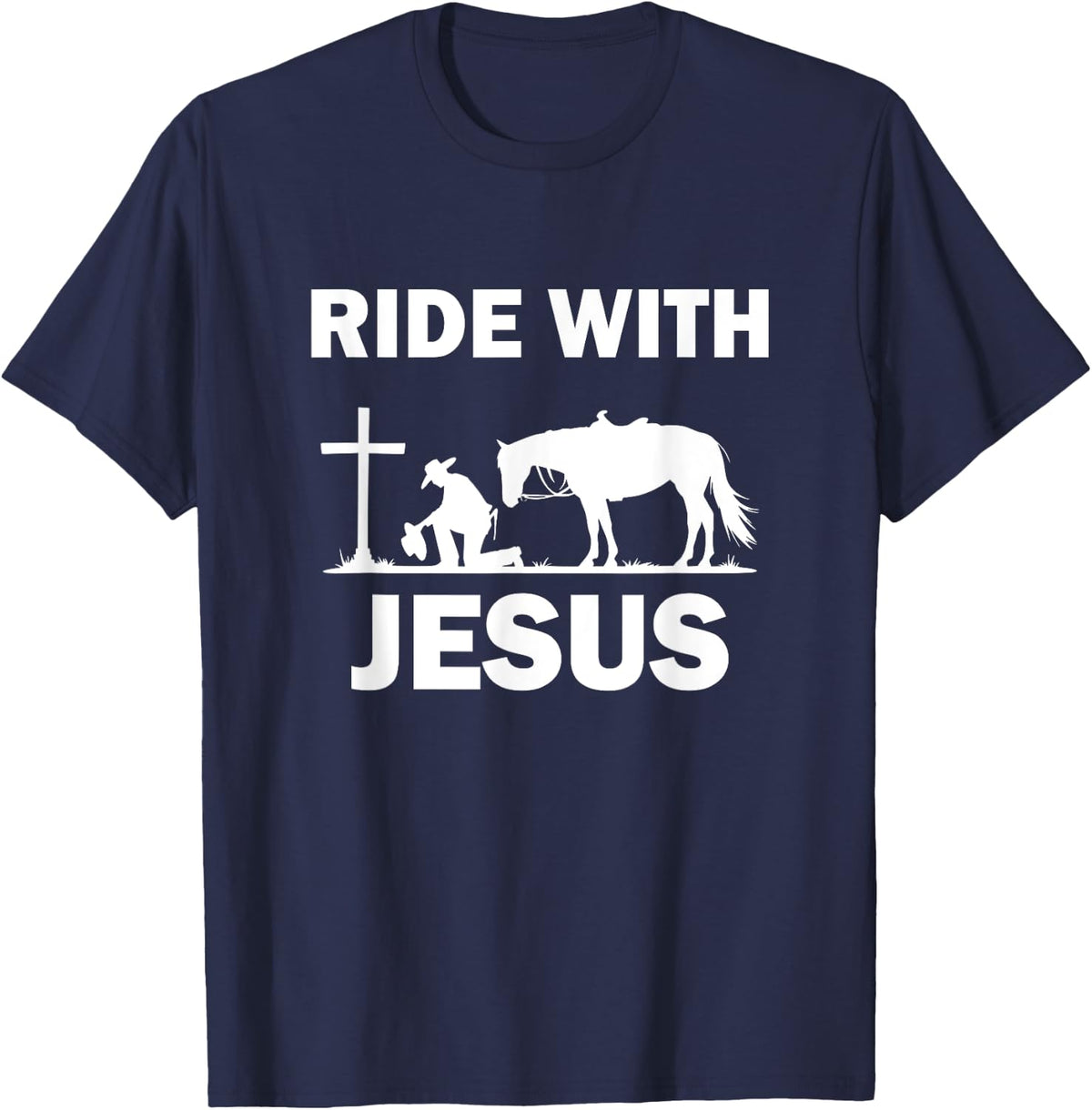 Praying Cowboy Kneeling Cross Cowboys Ride With Jesus T-Shirt - Navy Blue