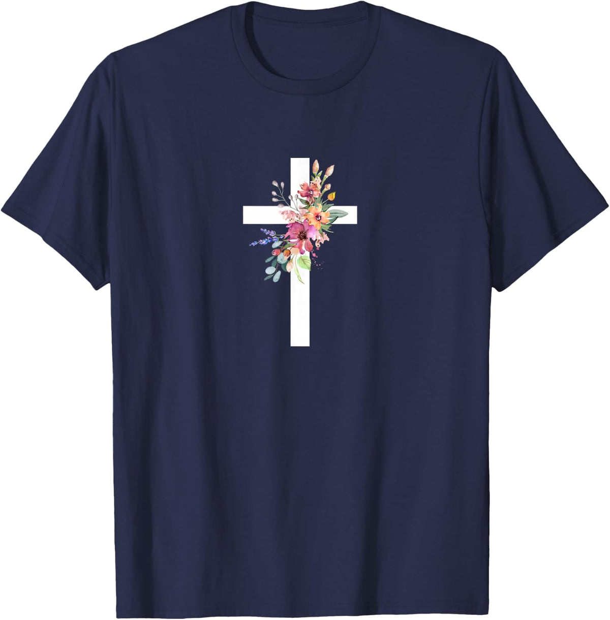 Cross with Beautiful Flowers Christian Design for Easter T-Shirt - Navy Blue