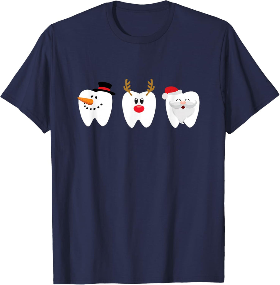 Dental Christmas Tooth Santa Snowman Reindeer Tees T-Shirt Gift for Dentist Hygienist - Navy Blue
