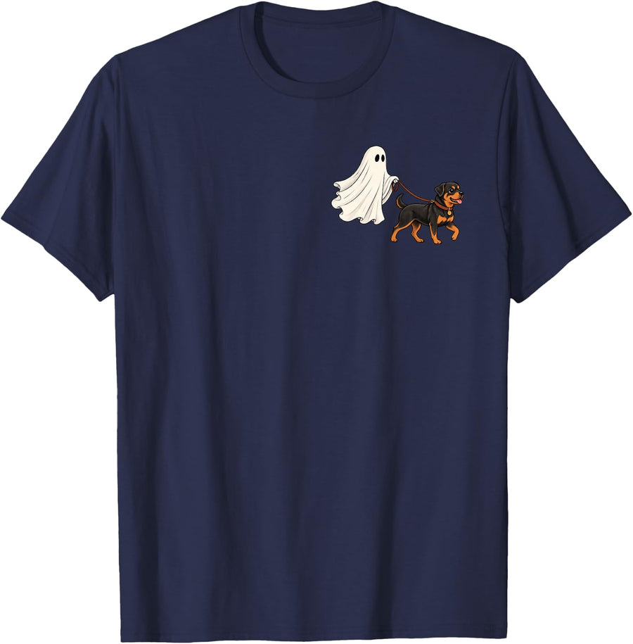 Ghost Walking Dog Cute Funny Halloween Spooky Season T-Shirt - Navy Blue