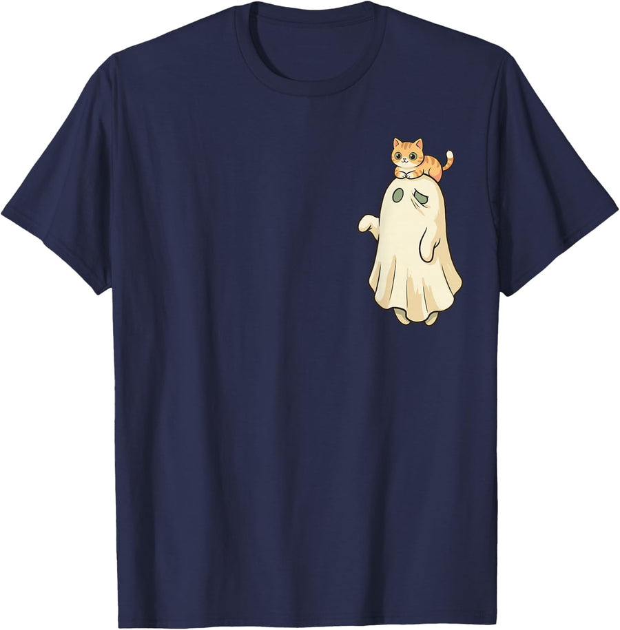 Cat Ghost Halloween Funny Spooky Feline Kitty Tabby Humor T-Shirt - Navy Blue
