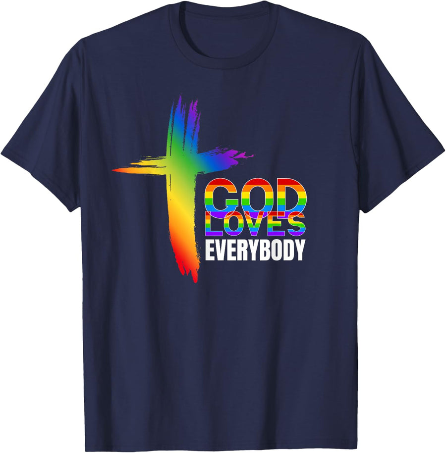 God Loves Everybody Gay Christian Rainbow Cross Artsy T-Shirt - Navy Blue