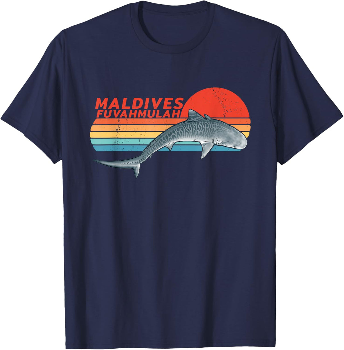 Fuvahmulah Shark Diving Maldives Retro Sunset T-Shirt - Navy Blue