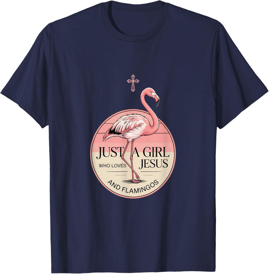 Just A Girl Who Loves Jesus and Flamingos Christian God T-Shirt - Navy Blue