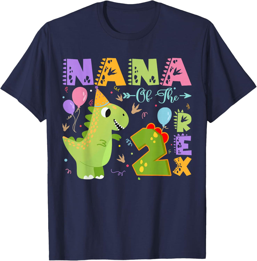 Nana Of The Two Rex 2Nd Birthday Dinosaur Party T-Shirt - Navy Blue