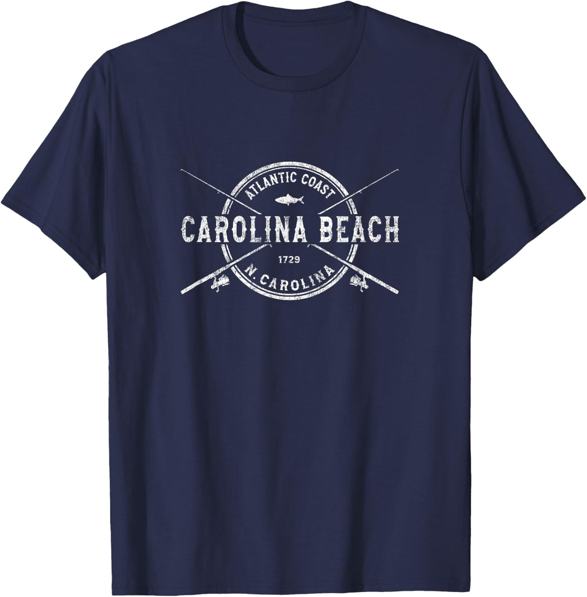 Carolina Beach NC Vintage Crossed Fishing Rods T-Shirt Tee for Men Women Fisherman Gifts - Navy Blue