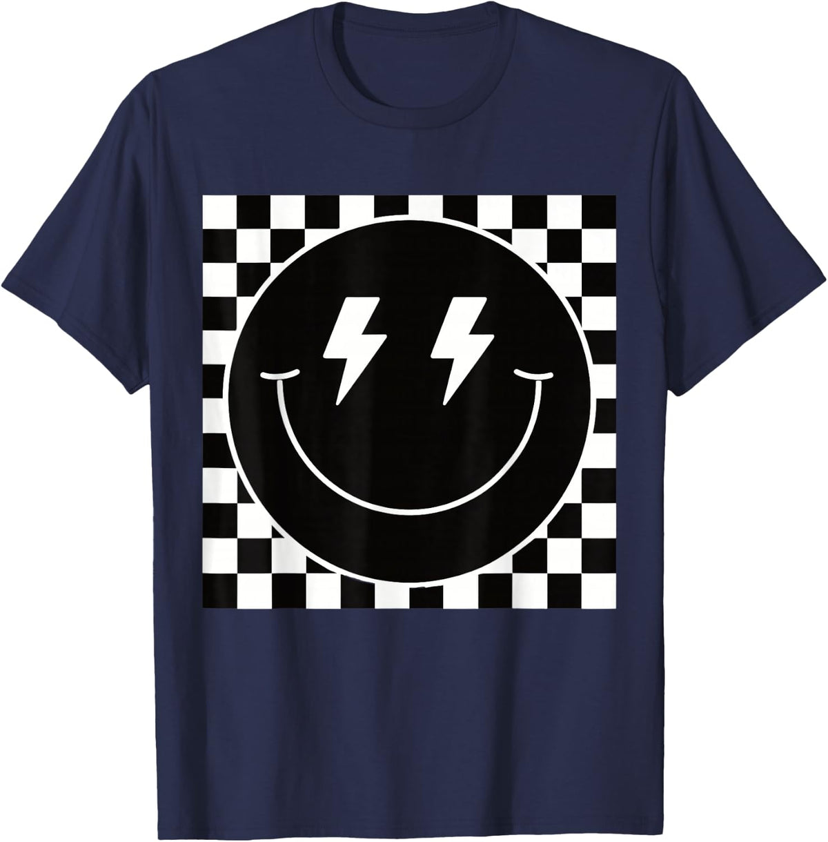 Retro Checkerboard Happy Face Lightning Bolt Eyes Graphic T-Shirt - Navy Blue