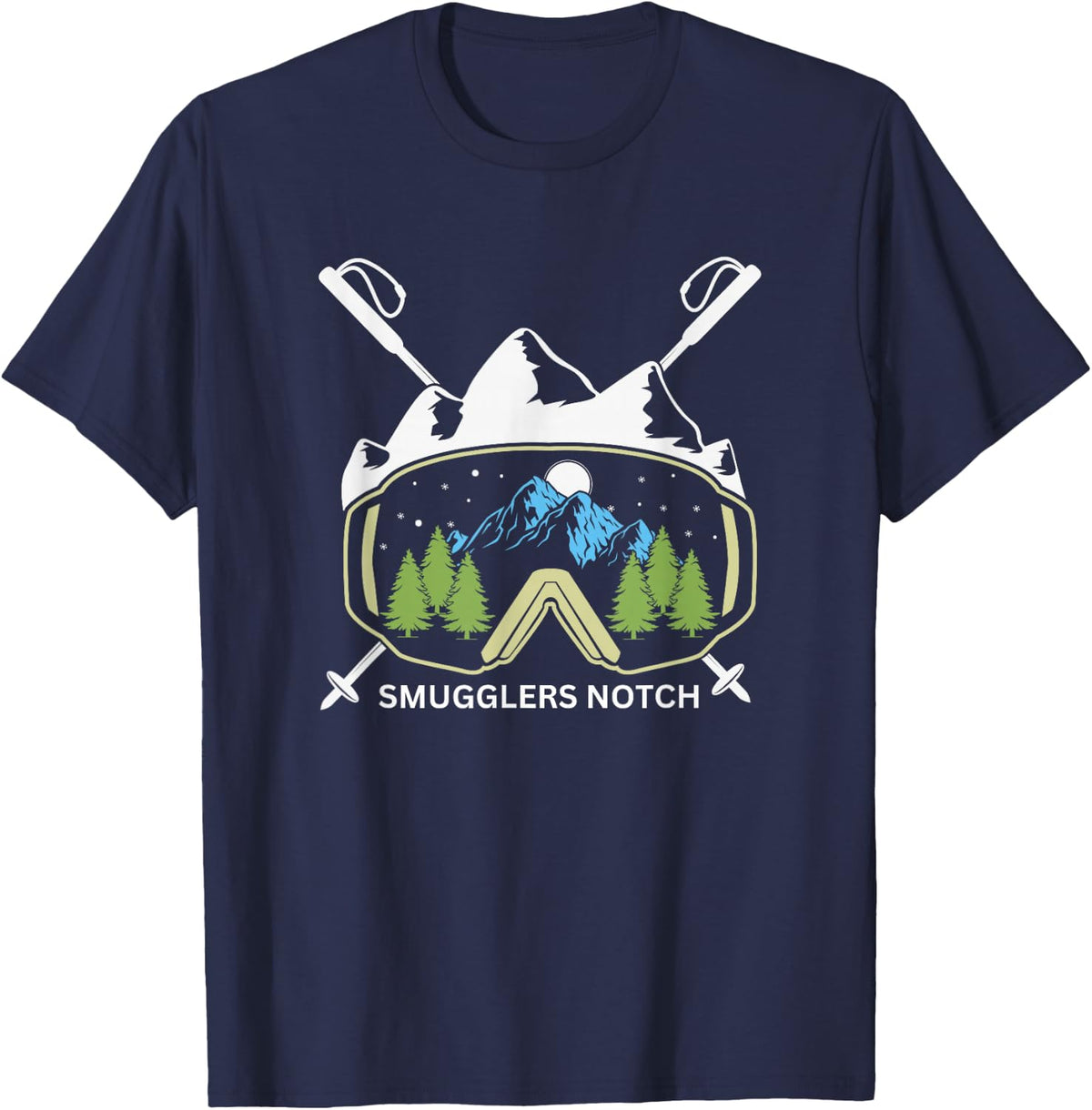 Retro Smugglers Notch Vermont Ski Goggles T-Shirt - Navy Blue