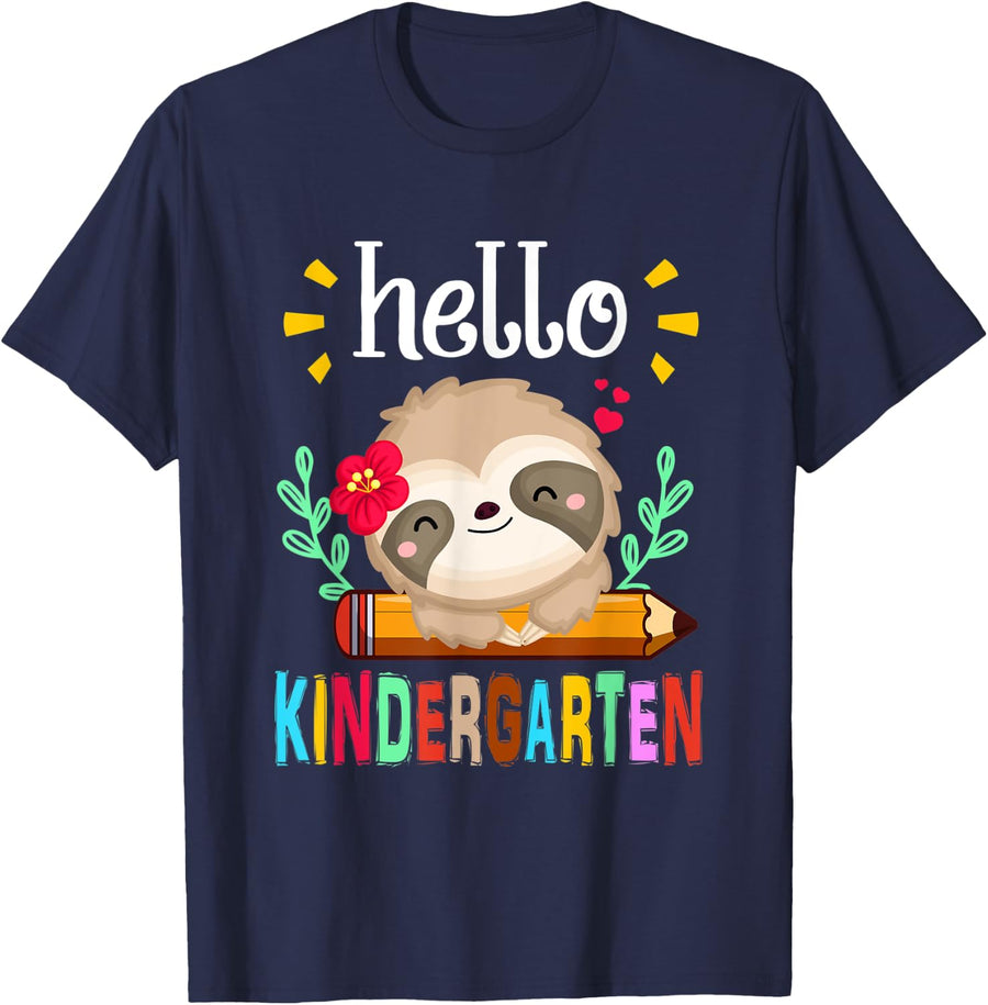 Funny Hello Kindergarten Back To School Cute Sloth Lover Kid T-Shirt - Navy Blue