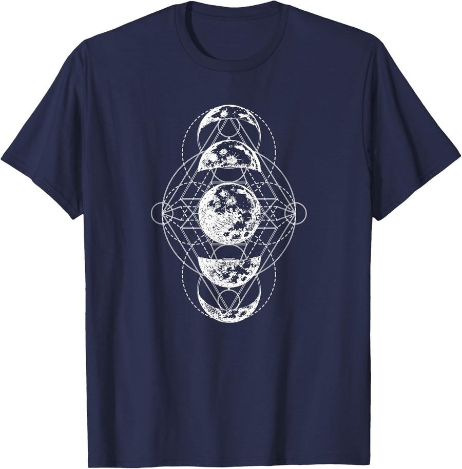 Moon Phase Sacred Geometry Design T-Shirt - Navy Blue