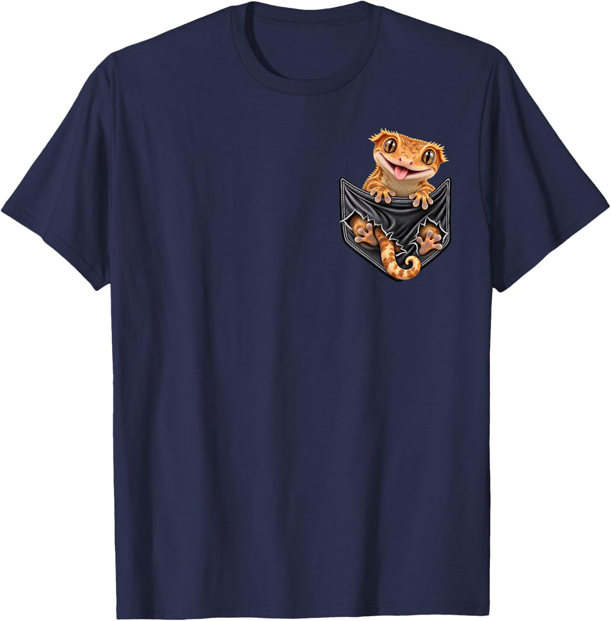 Funny Crested Gecko Pocket for Men and Women Cute Animal T-Shirt - Navy Blue