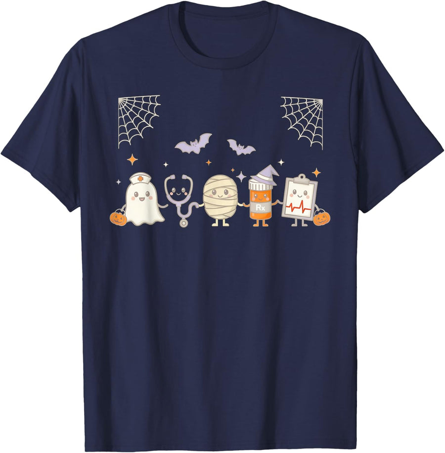 Halloween Nurse Cute Spooky Ghost Mummy Vampire Pumpkin Crew T-Shirt - Navy Blue