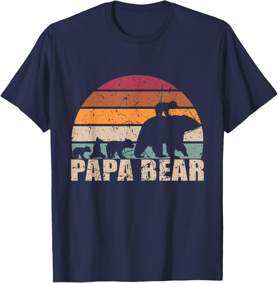 Mens Retro Papa Bear of 4 Kids Fathers Day Dad of four T-Shirt - Navy Blue