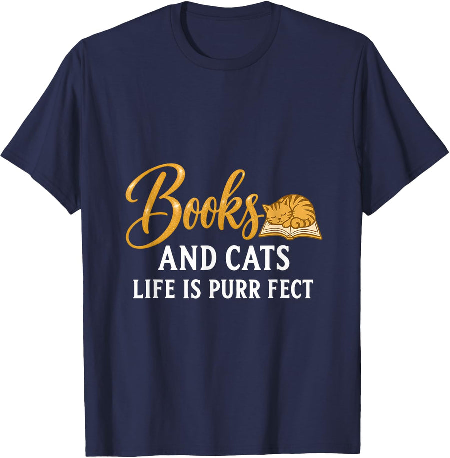 Books and Cats Life is Purr FECT Cute Kitten Book Cat T-Shirt - Navy Blue