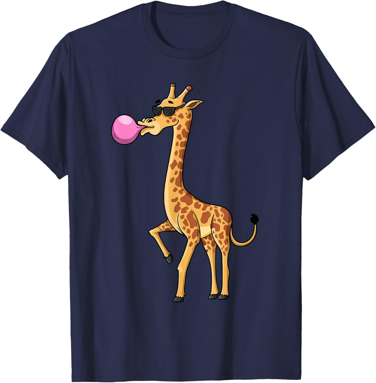 Funny Blowing Bubble Gum Giraffe Animal Lover Chewing Candy T-Shirt - Navy Blue
