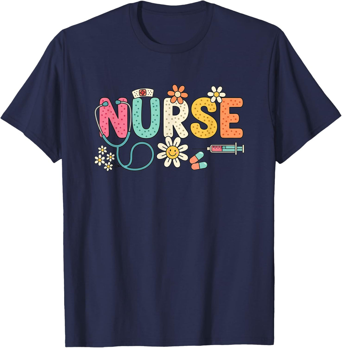 Nurse Daisy Pop, Cute Floral Nurse Design for RN LPN CNA, T-Shirt - Navy Blue