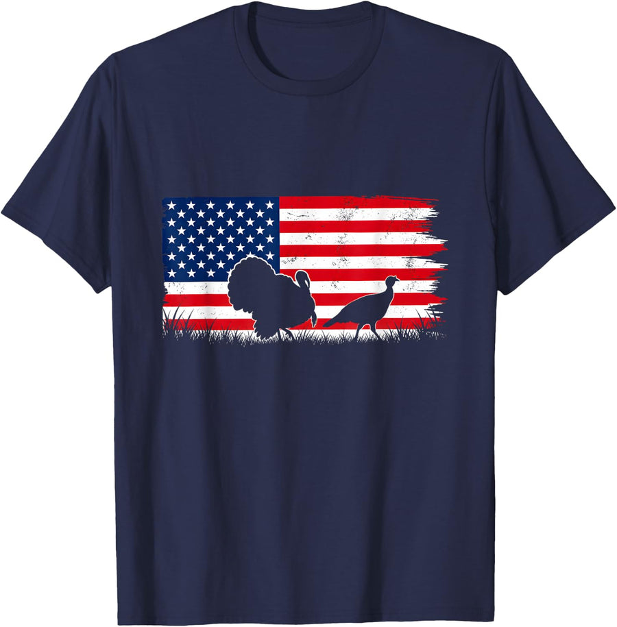 Turkey Hunting American Flag Bird Silhouettes T-Shirt - Navy Blue