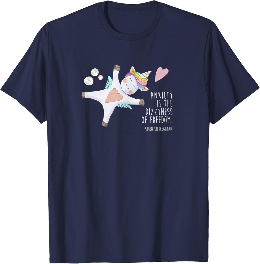 Søren Kierkegaard Rainbow Unicorn Anxiety and Dizzyness T-Shirt - Navy Blue