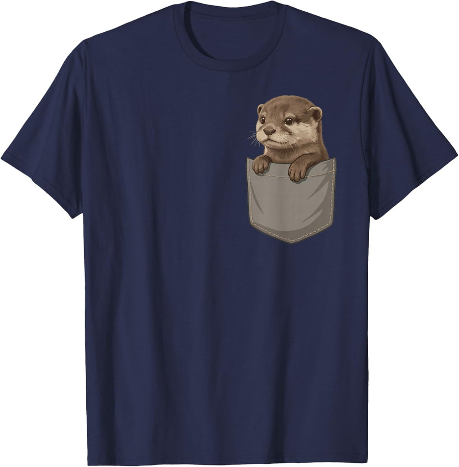 Cute Otter Pocket Minimalist Otters Wildlife Animal Lover T-Shirt - Navy Blue